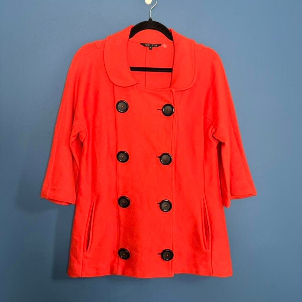 Nic +‎ Zoe Orange Pea Coat Women's Size Small Petite Double Breasted 3/4 Sleeve